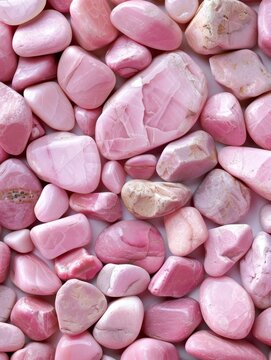 An alluring arrangement of vibrant pink pebbles and stones with intricate patterns and textures, creating a visually striking natural display.