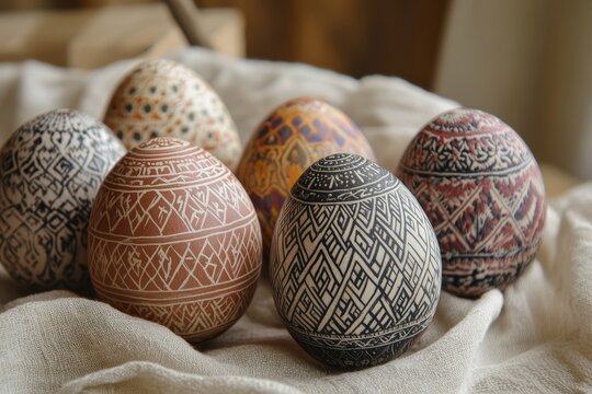 Collection of intricately decorated Easter eggs with geometric patterns resting on soft linen fabric