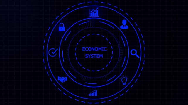 Futuristic digital interface displaying economic system data with for security lock growth chart handshake checkmark lightbulb and user profile on a dark background.4K animation motion graphic Video.