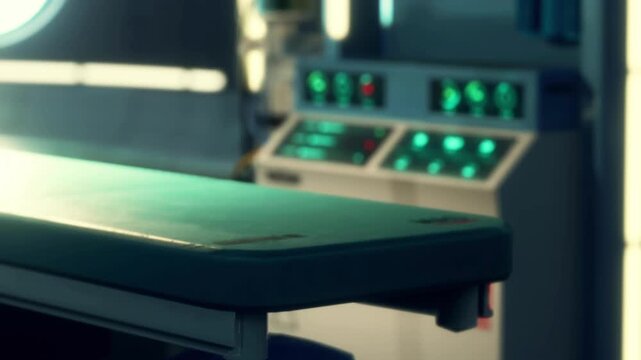 A surgical room is shown with an operating table in focus. The background has medical equipment with lights and screens showing various details about the setup for a procedure.