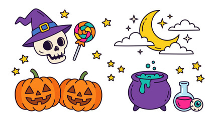 Obraz premium Cute halloween icons collection with skull, candy, pumpkins, potion, and moon