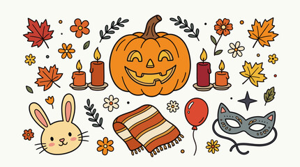 Fototapeta premium Autumn harvest collection with jack o lantern and cozy seasonal elements in line art style