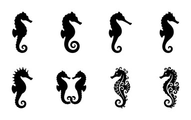 70 Set of 8 Black Seahorse Silhouettes, Marine Life Vector Icons, Ocean Creatures Graphic Elements for Nautical Designs 100 © Rita