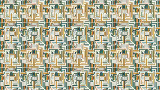 Abstract teal and orange geometric circuit pattern, seamless maze-like technical background, digital art.