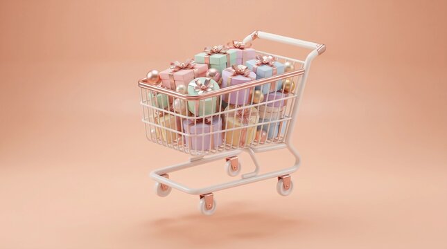 Metal shopping cart filled with pastel colored gift boxes and shiny decorative metallic spheres sits isolated against a soft beige background in this modern render