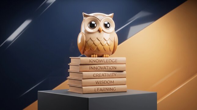 Cute ceramic owl figurine sits atop a neat stack of wooden books featuring carved inspirational words in a minimalist studio setting with smooth modern lighting
