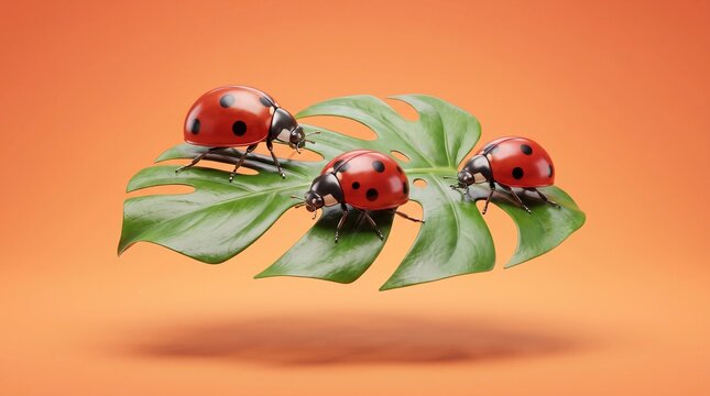 Three bright red ladybugs with black spots walking across a vibrant green monstera leaf floating against a smooth solid orange studio background in high resolution