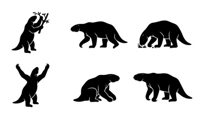 Naklejka premium 70 Prehistoric Sloth Vector Icons, Ancient Megafauna Silhouettes, Extinct Mammal Graphics, Set of 6 Black and White Illustrations 100