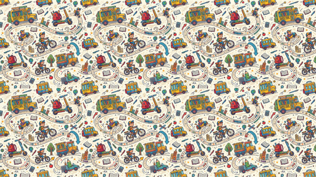 Seamless cartoon transportation pattern with colorful buses, scooters, motorcycles, and trucks on winding roads. Playful hand-drawn doodle style for kids' decor. AI Generated.
