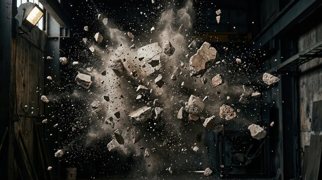 Abstract explosion of metallic spheres and floating particles captured in a dark industrial environment with dramatic lighting
