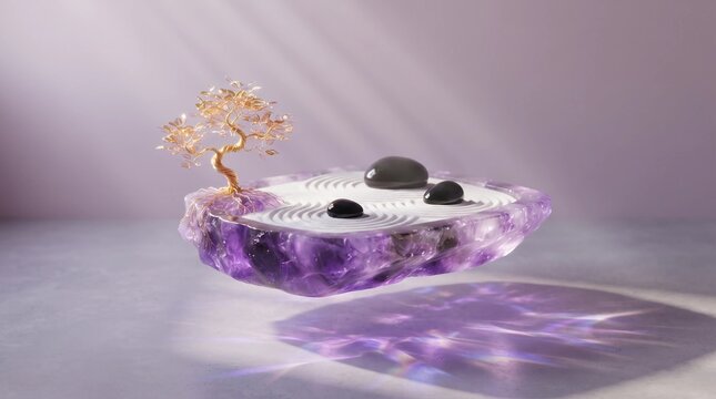 Floating zen garden platform featuring purple amethyst crystal base with polished black river stones and a delicate miniature golden tree under soft natural cinematic lighting