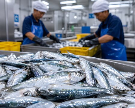 Fresh Sardines on Conveyor Belt in Fish Processing Factory with Workers Sorting Seafood in Background