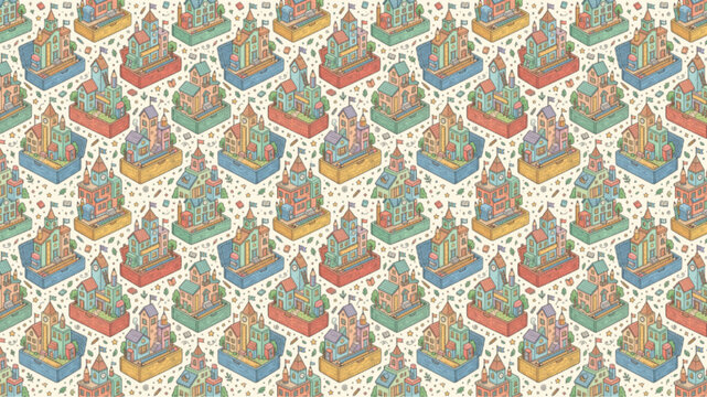 Seamless pattern of isometric hand-drawn houses and castles. Vintage pastel doodle illustration for textile or wallpaper. AI generated.