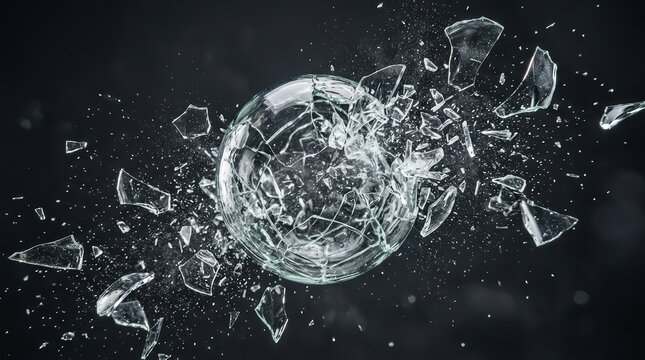 Abstract background featuring a circular explosion of shattered glass fragments and debris against a dark grey backdrop