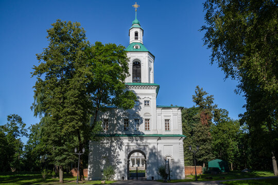 BOGORODITSK, RUSSIA - JULY 08, 2026: Entrance tower in the estate of the Bobrinsky counts. Bogoroditsk, Tula region, Russia