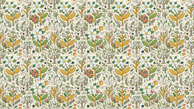 Seamless folk art floral pattern with trees, white flowers, and botanical leaves on cream. Vintage rustic nature illustration. AI Generated.