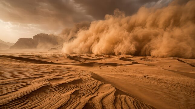 A massive desert sandstorm rolling across a dry arid landscape during a dramatic golden sunset in the desert