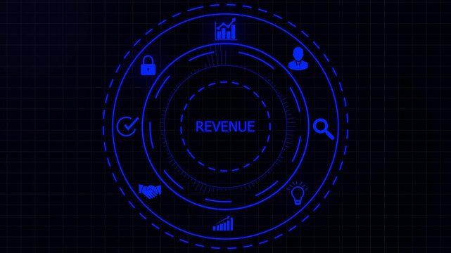 Futuristic digital interface displaying the word REVENUE within a circular HUD with financial and data visualization on a dark background.4K animation motion graphic Video.