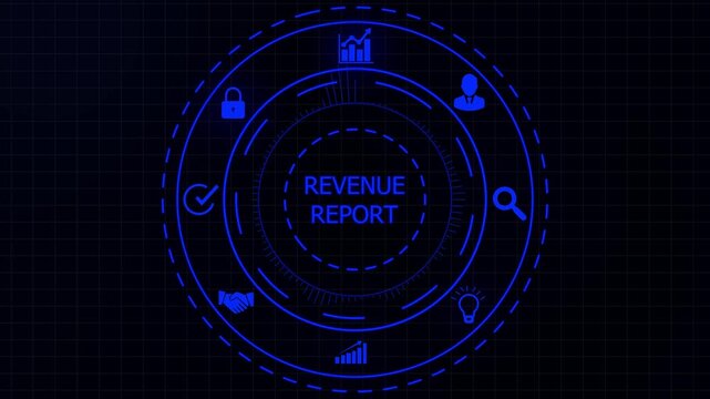 Cyan digital interface with REVENUE REPORT text in the center, enclosed by a circular HUD featuring financial and data visualization on a dark background.4K animation motion graphic Video.