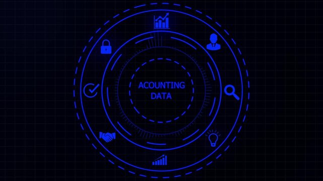 Cyan digital interface with ACOUNTING DATA text in the center, enclosed by a circular HUD with financial and data visualization on a dark grid background.4K animation motion graphic Video.