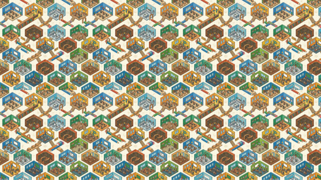 Seamless isometric pixel art pattern of hexagonal rooms and stairs, retro video game style digital illustration, AI generated.