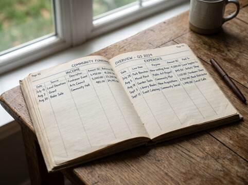 Open Vintage Community Register Ledger Book on Wooden Table beside Window