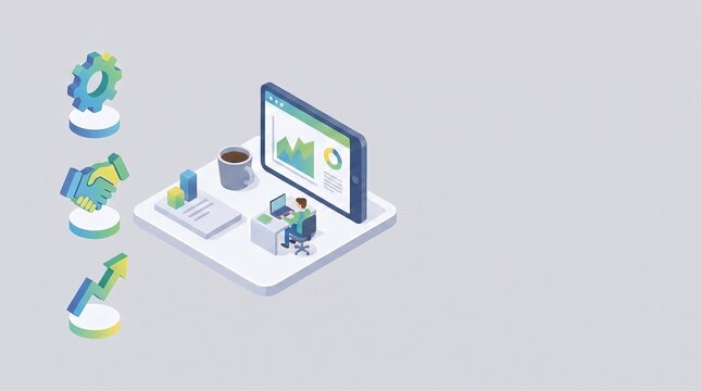 3D isometric business workplace setup with analytics screen gear handshake and growth arrow icons