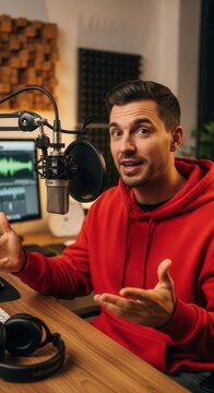 Man in red hoodie speaking into microphone with expressive gestures. Modern home studio setup for audio recording.