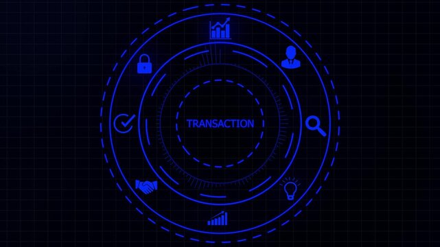 Futuristic digital interface displaying transaction with for security lock chart handshake checkmark lightbulb and user on dark grid background