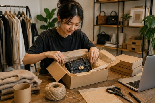 Gen Z Luxury Recommerce concepts shows Woman packing a product in a cardboard box at a home workspace