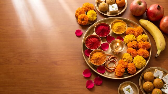 Traditional Bhai Tika festival arrangement with marigold flowers, colorful powders, sweets and fruits on wooden table