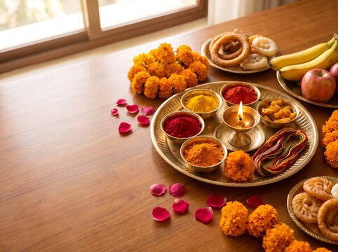 Festive Bhai Tika offering setup with brass thali, marigold flowers, colored powders, sweets and traditional items