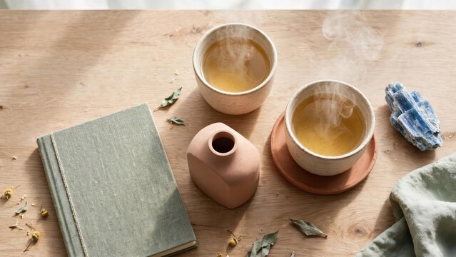 Cozy Still Life: Tea, Book, and Autumn Elements on Wood