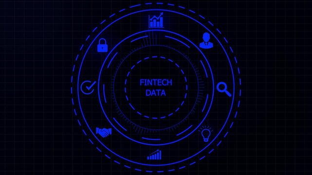 Fintech data interface with glowing blue and circular HUD showcasing data-related concepts on a dark grid background.4K animation motion graphic Video.