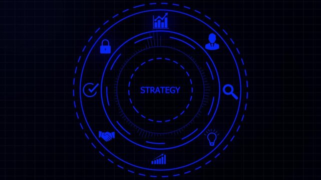 Digital strategy interface with glowing blue circular HUD and for planning and execution on a dark grid background.4K animation motion graphic Video.