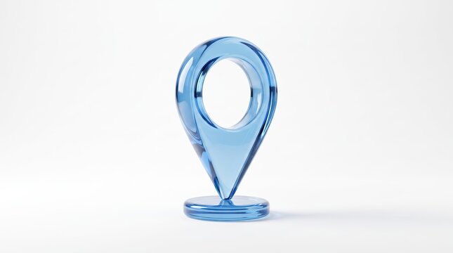 3D rendered glossy blue glass location pin icon standing on white, map marker symbol representing navigation, GPS tracking, geolocation technology, finding destination