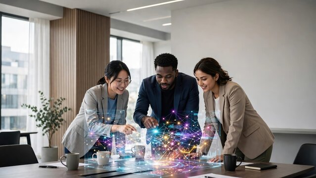 Diverse Team Collaborating on Digital Data Projection in Modern Office