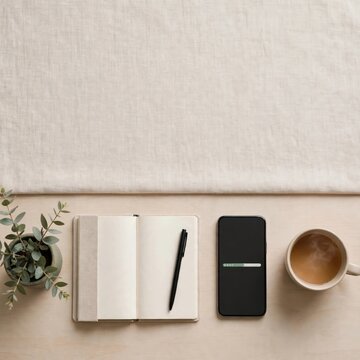 Flat Lay of Notebook, Phone, Pen, and Coffee for Planning
