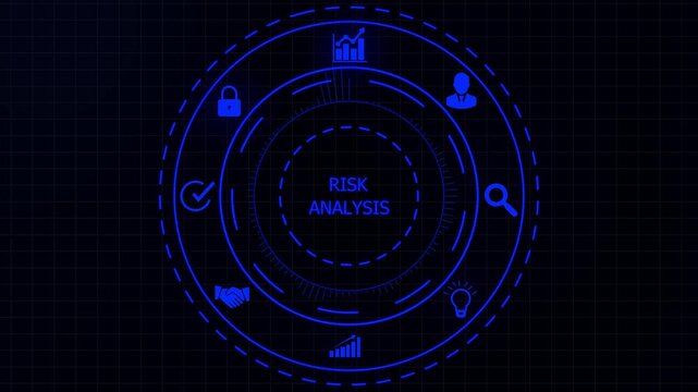 Digital interface with circular HUD showing RISK ANALYSIS surrounded by for security lock growth chart handshake and person on a dark grid background.4K animation motion graphic Video.