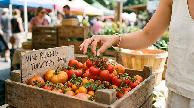 A customer picks fresh red tomatoes from a wooden crate at a farm market