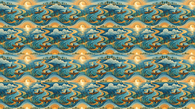 Seamless nautical pattern with stylized waves, sailing boats, and sun. Vintage folk art style in blue and orange. AI generated.