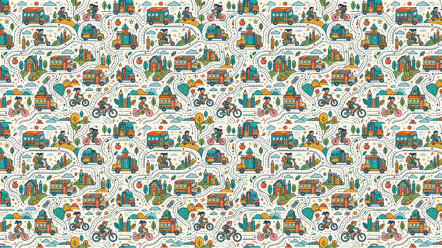 Seamless travel pattern with camper vans, bicycles, and mountain landscapes. Flat vector illustration of outdoor camping adventure. AI Generated.