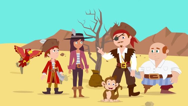 Animated Pirate Crew Exploring a Desert Island with Parrot and Monkey