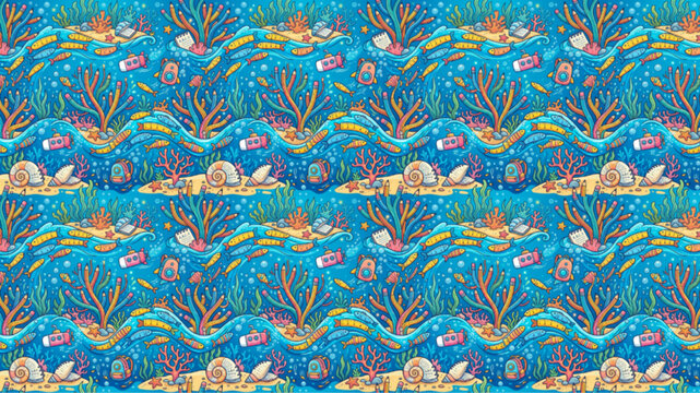 Seamless cartoon underwater pattern featuring colorful coral reefs, tropical fish, and shells in bright blue water. Playful AI generated aquatic background.