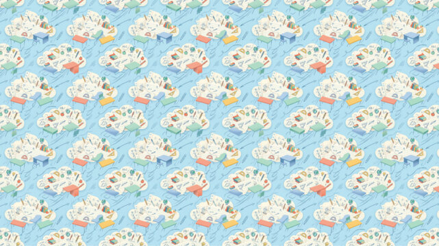 Seamless pattern of human brains with creative icons, lightbulbs, gears, and books on blue background. Illustrates brainstorming and intelligence. AI Generated.
