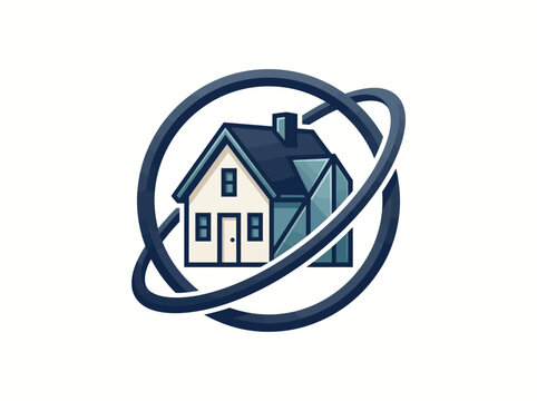 Modern smart home technology logo icon with orbiting rings
