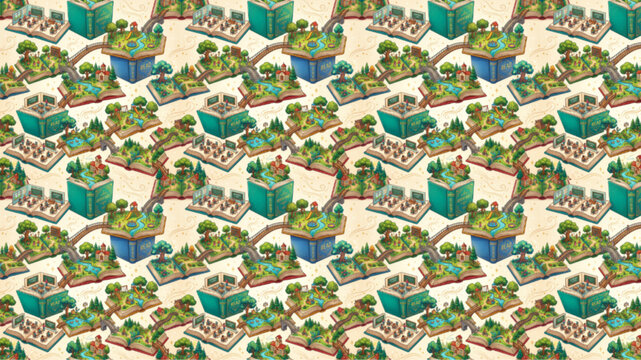 Seamless pattern of open books with miniature isometric 3D landscapes, lush forests, and houses popping out, symbolizing imagination, storytelling, and education, AI generated.