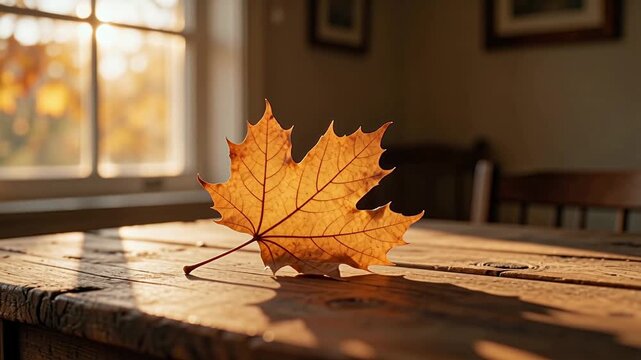 Dry Maple Leaf on Rustic Wooden Table with Golden Hour Light