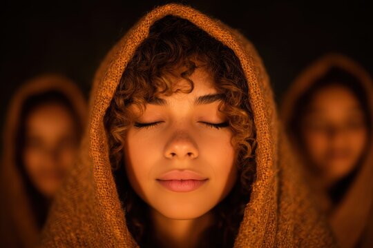 serene woman with closed eyes in a hooded shawl
