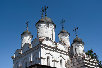 The domes of the ancient Transfiguration Church is close‑up. Bolshie Vyazemy, Moscow region, Russia © Anna